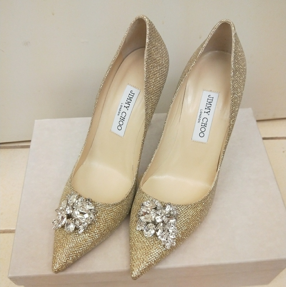 Jimmy Choo Gold Mamey Glitter Crystal pumps
